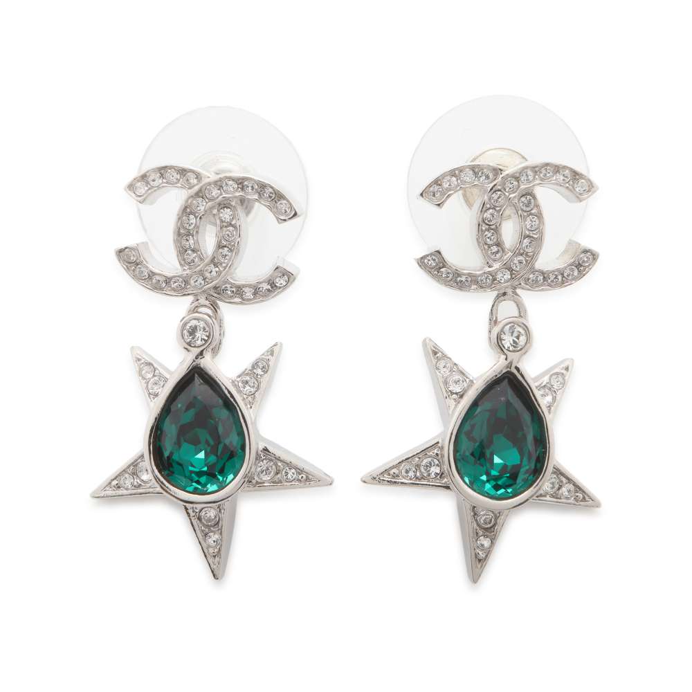 CHANEL CC Logo Star Earrings Silver/Green ABA382 Rhinestone Metal
