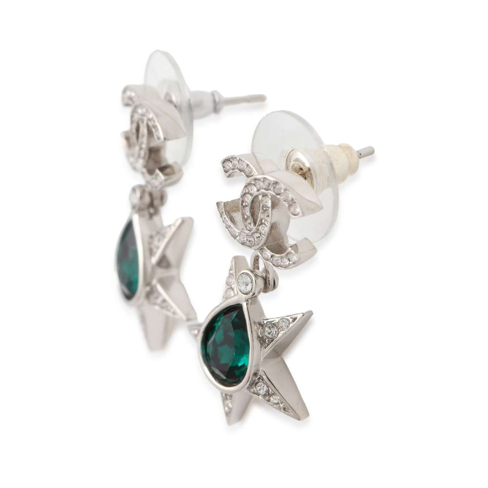 CHANEL CC Logo Star Earrings Silver/Green ABA382 Rhinestone Metal