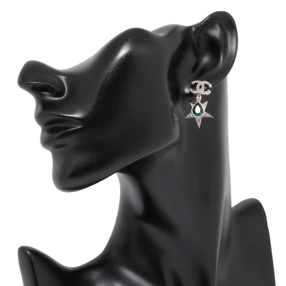 CHANEL CC Logo Star Earrings Silver/Green ABA382 Rhinestone Metal