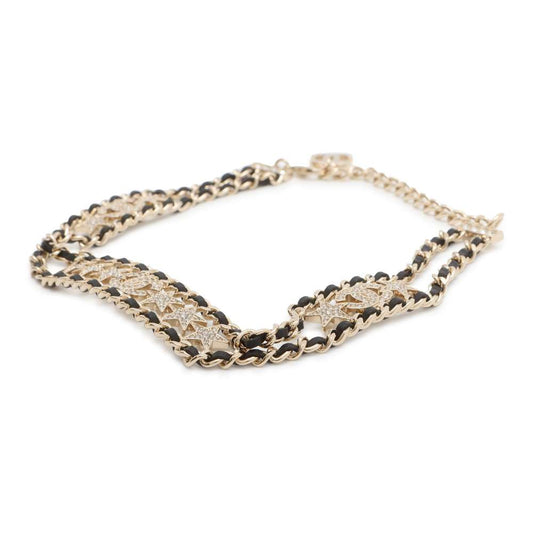 CHANEL CC Logo/Star Rhinestone Choker Necklace Champagne Gold/Black AB9808 B09817 Metal Rhinestone Leather
