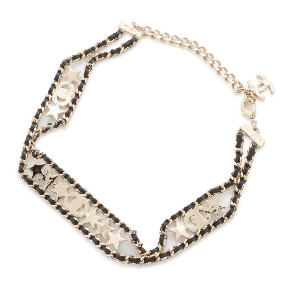CHANEL CC Logo/Star Rhinestone Choker Necklace Champagne Gold/Black AB9808 B09817 Metal Rhinestone Leather