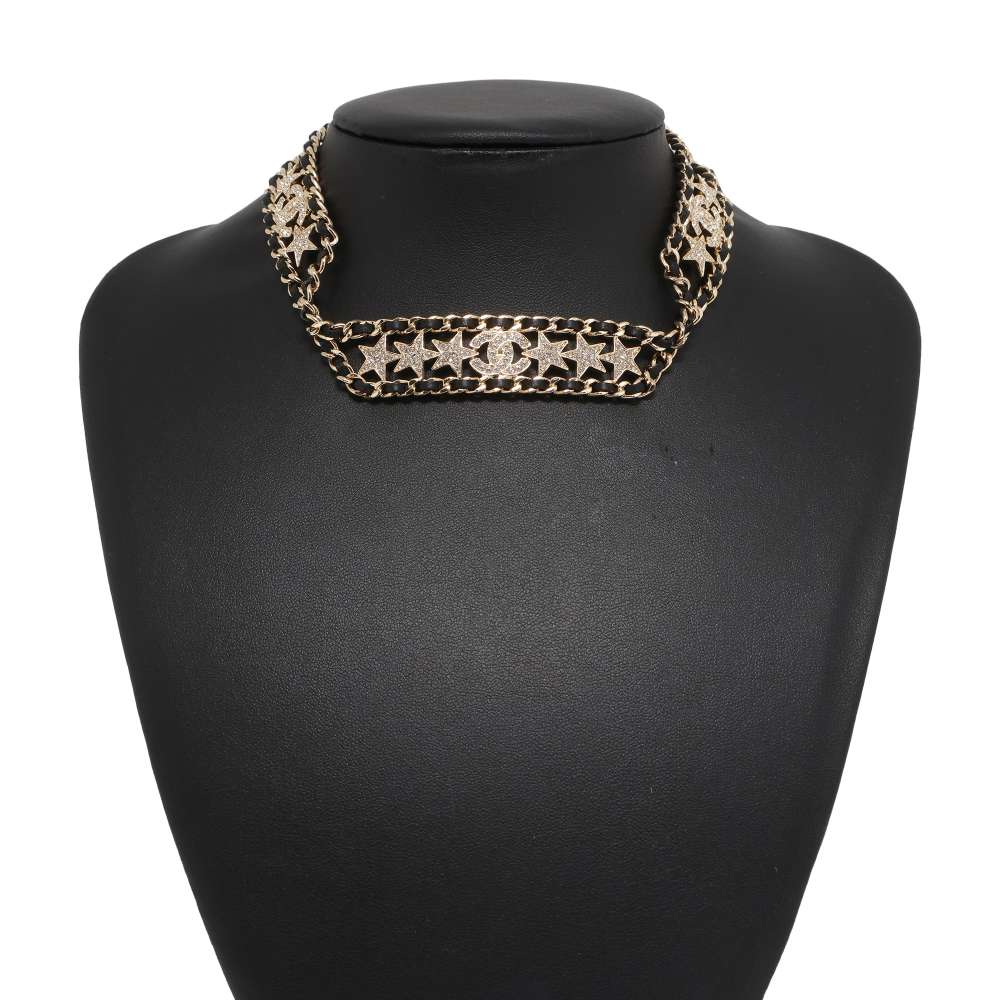 CHANEL CC Logo/Star Rhinestone Choker Necklace Champagne Gold/Black AB9808 B09817 Metal Rhinestone Leather