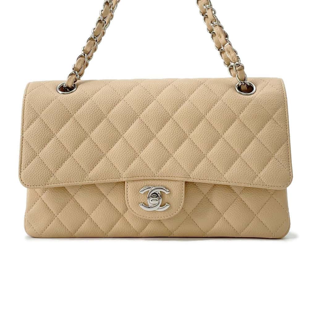 CHANEL Matelasse25 W Flap ChainShoulder Bag Beige A01112 Caviar Leather Size 25