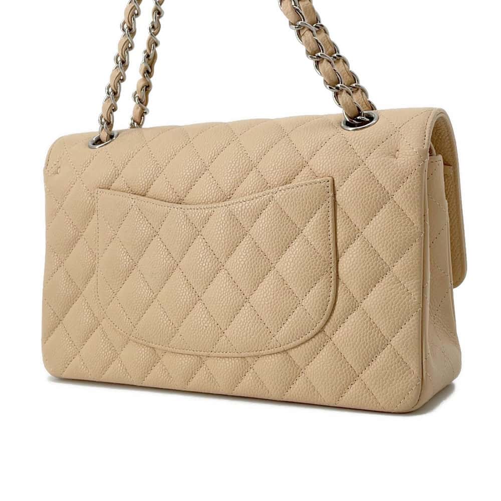 CHANEL Matelasse25 W Flap ChainShoulder Bag Beige A01112 Caviar Leather Size 25
