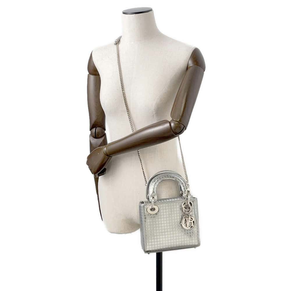 Dior Microcannage Lady Dior Silver Patent Leather Size Mini