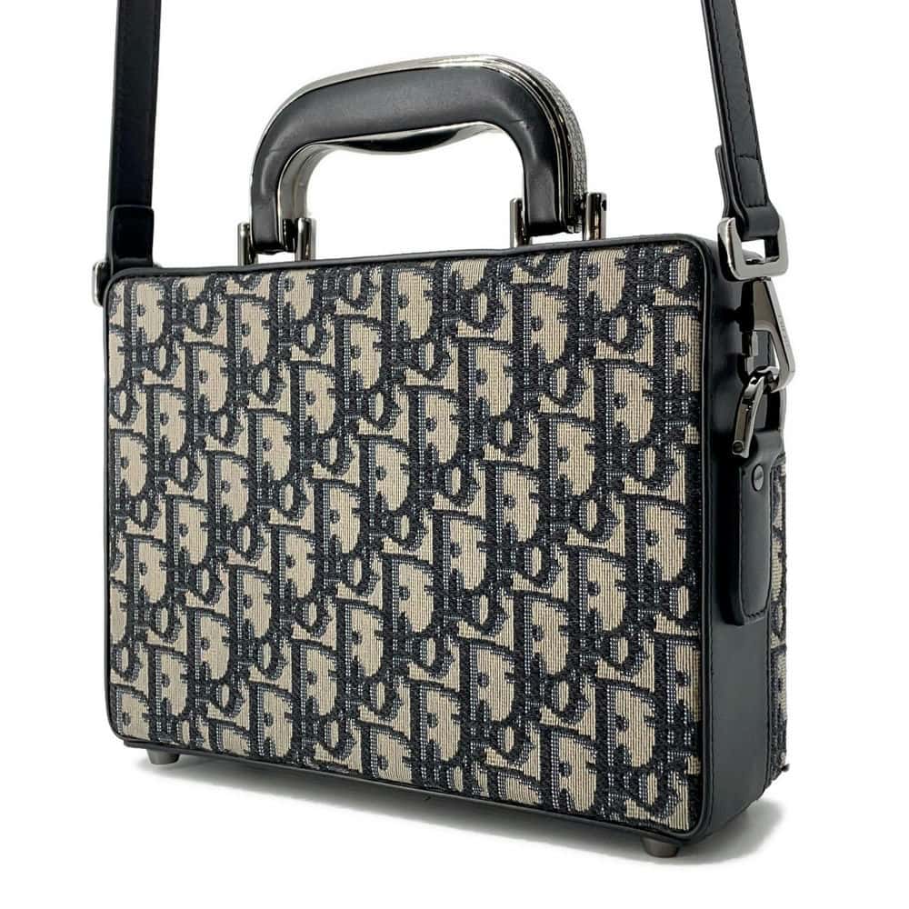 Dior Oblique Padlock Shoulder Bag Black/Navy 1LXP0119MCT Canvas Leather Size Mini