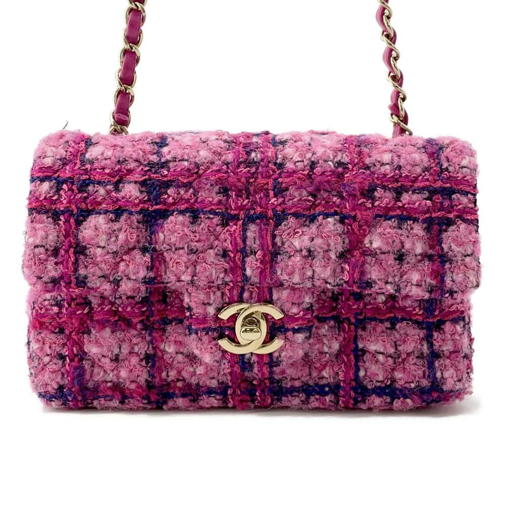 CHANEL Mini Classic Shoulder Bag Pink/Fuchsia/Navy Blue/Black A69900 Wool  Cotton Mix Fiber Size 20