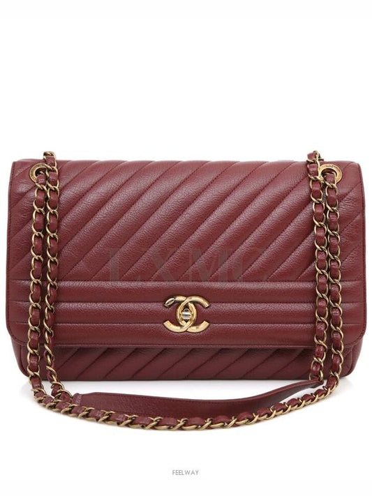 Diagonal Chevron Quilted Chain Flap Shoulder Bag Red Gold Chanel