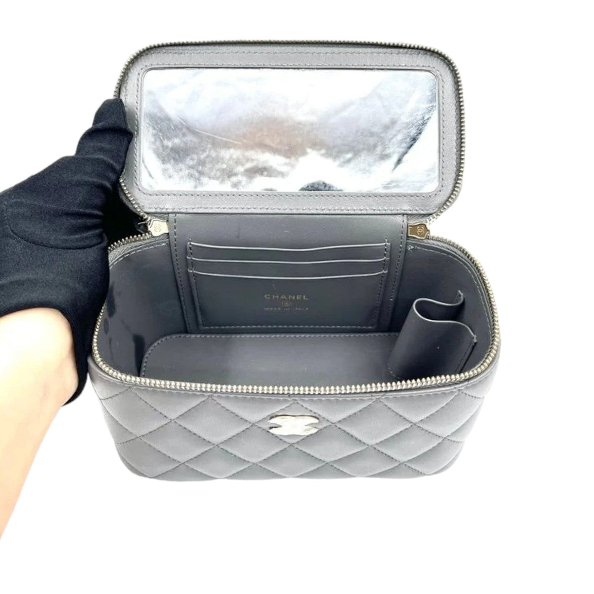 Vanity Rectangular Top Handle Small Lambskin Grey GHW