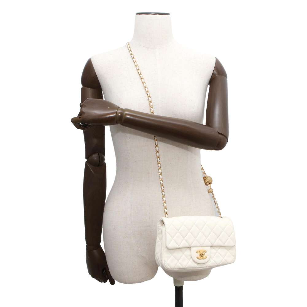 CHANEL Mini Matelasse Cocoball ChainShoulder Bag White AS1787 Lambskin Size 20
