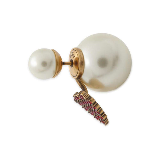 Dior Tribal Heart Earrings Gold/Red/White Metal Rhinestone Faux Pearl