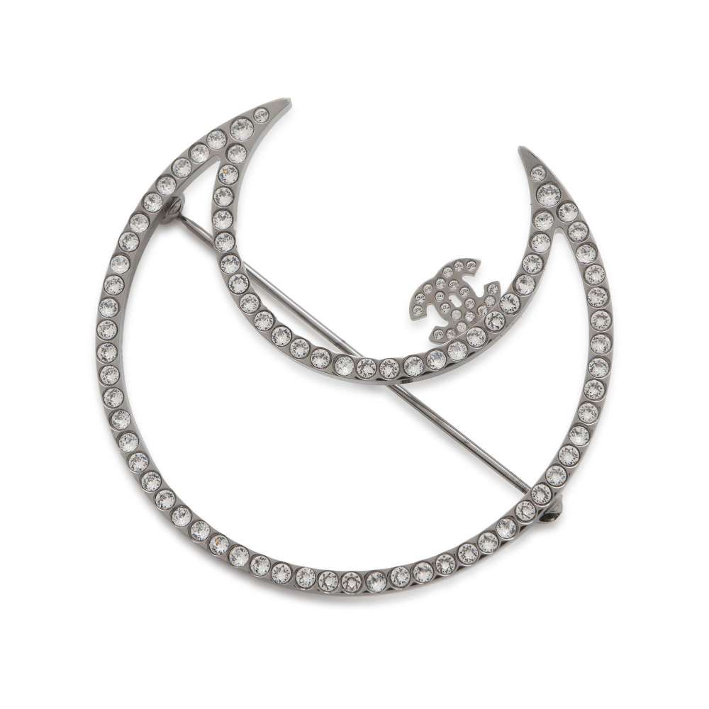 CHANEL Brooch Moon Motif Rhinestone Silver Metal