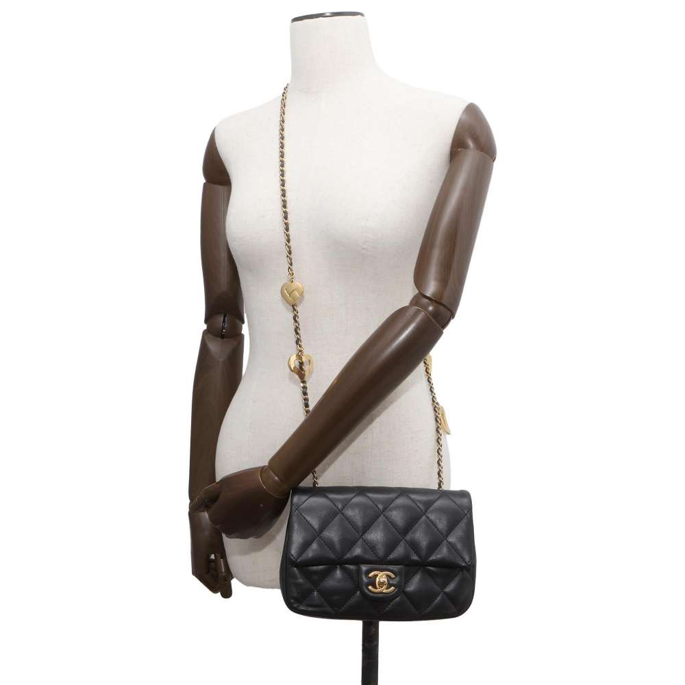 CHANEL Mini Matelasse Heart ChainShoulder Bag Black AS3457 Lambskin Size 20