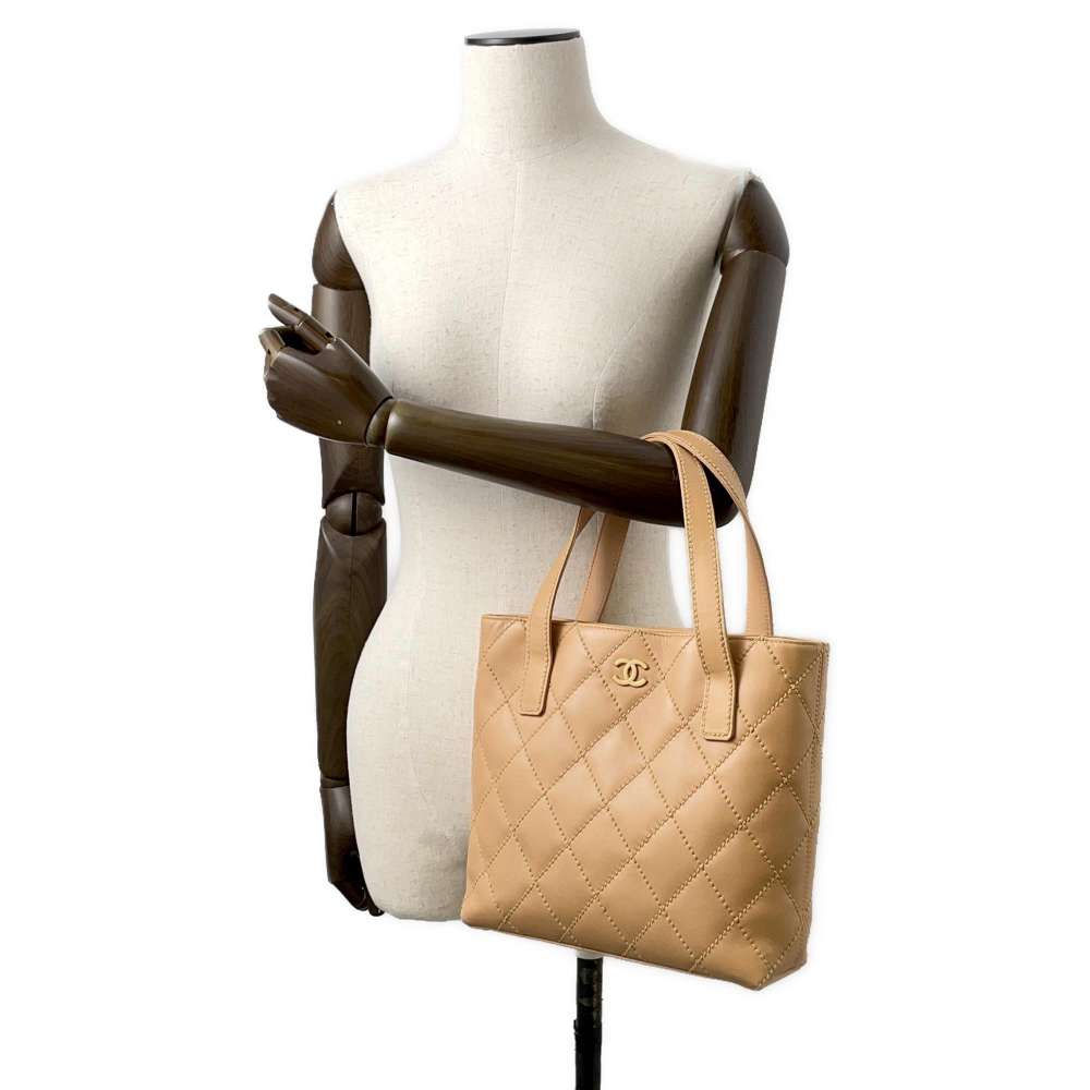 CHANEL Matelasse Wild Stitch Handbag Beige A18126 Leather