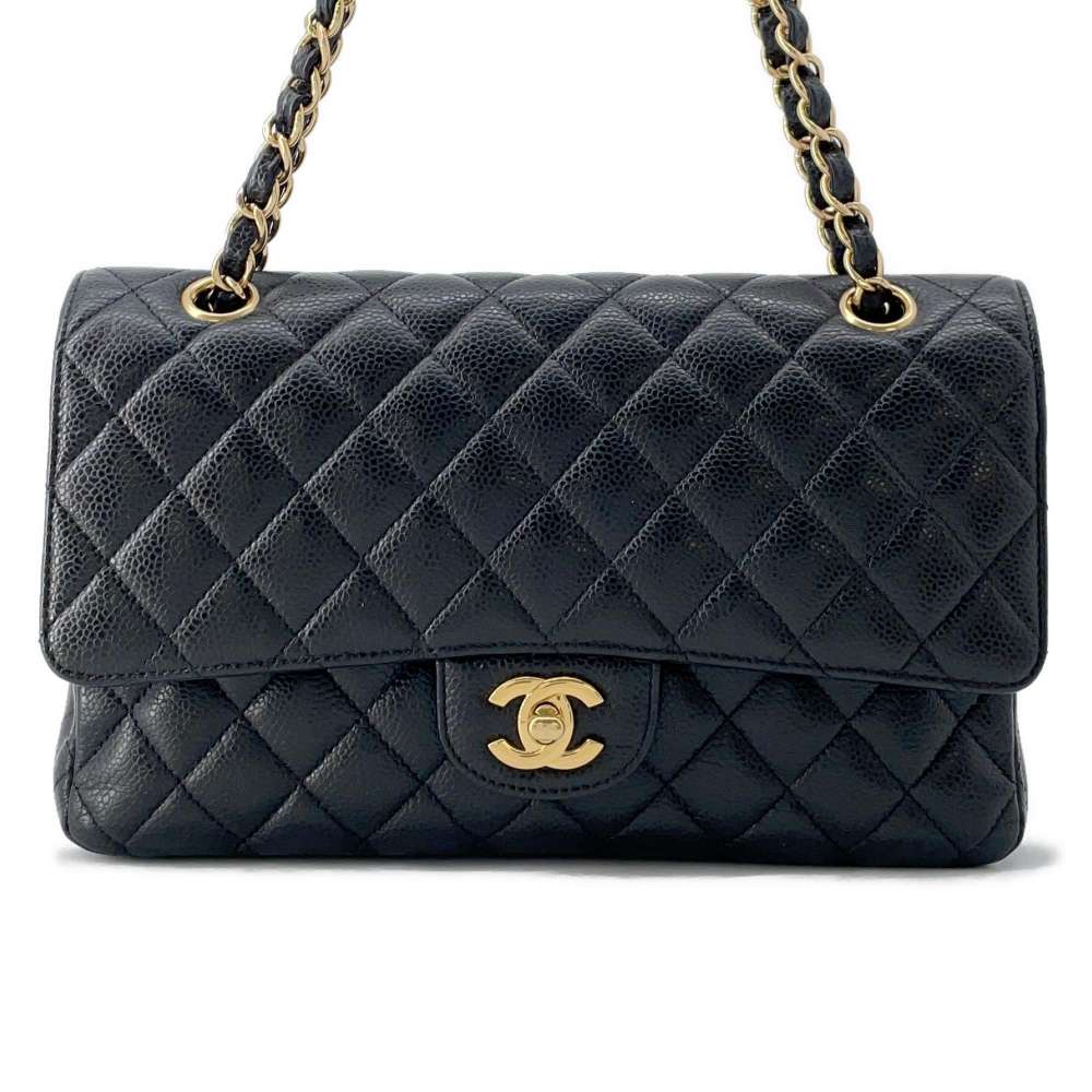 CHANEL Matelasse W Flap ChainShoulder Bag Black A01112 Caviar Leather Size 25