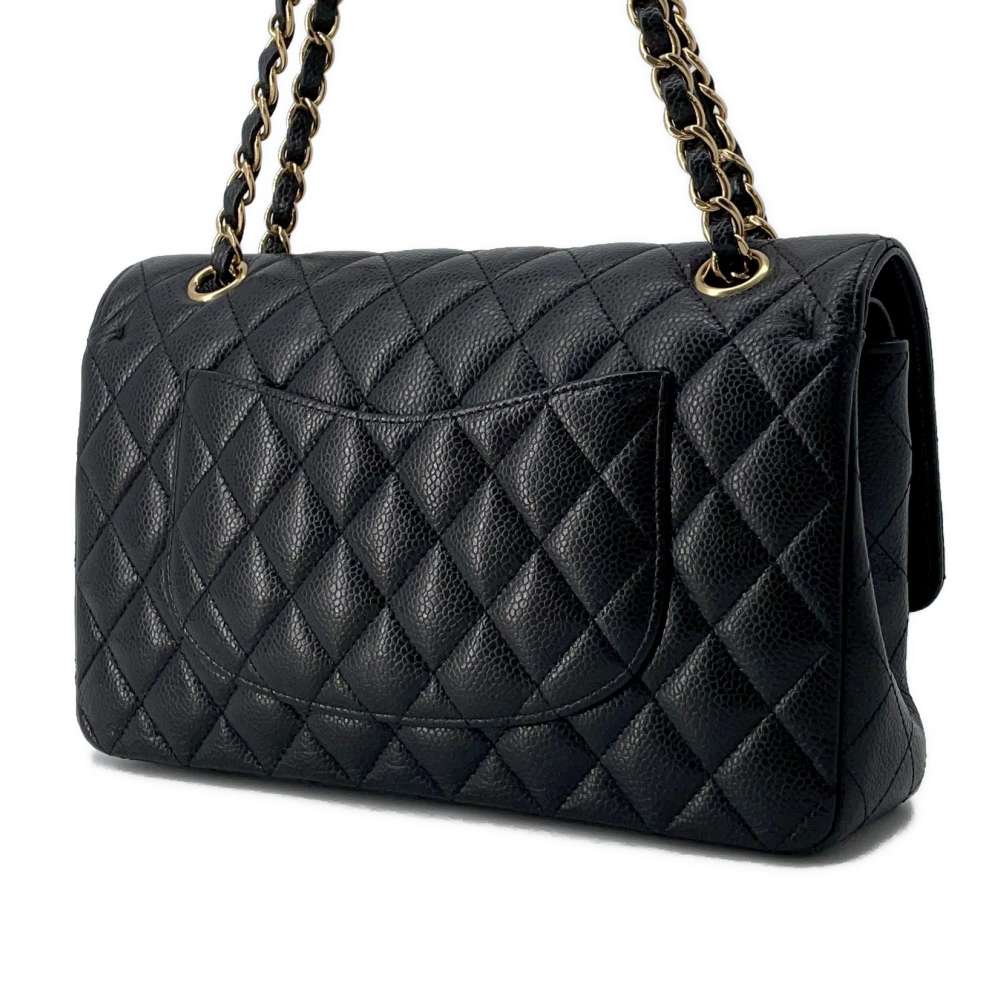 CHANEL Matelasse W Flap ChainShoulder Bag Black A01112 Caviar Leather Size 25