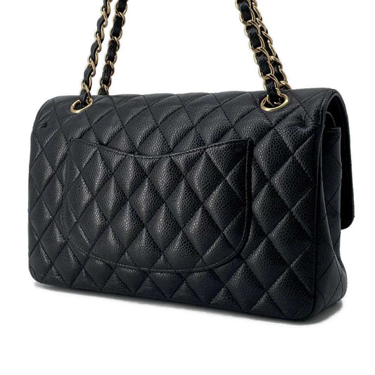 CHANEL Matelasse W Flap ChainShoulder Bag Black A01112 Caviar Leather Size 25