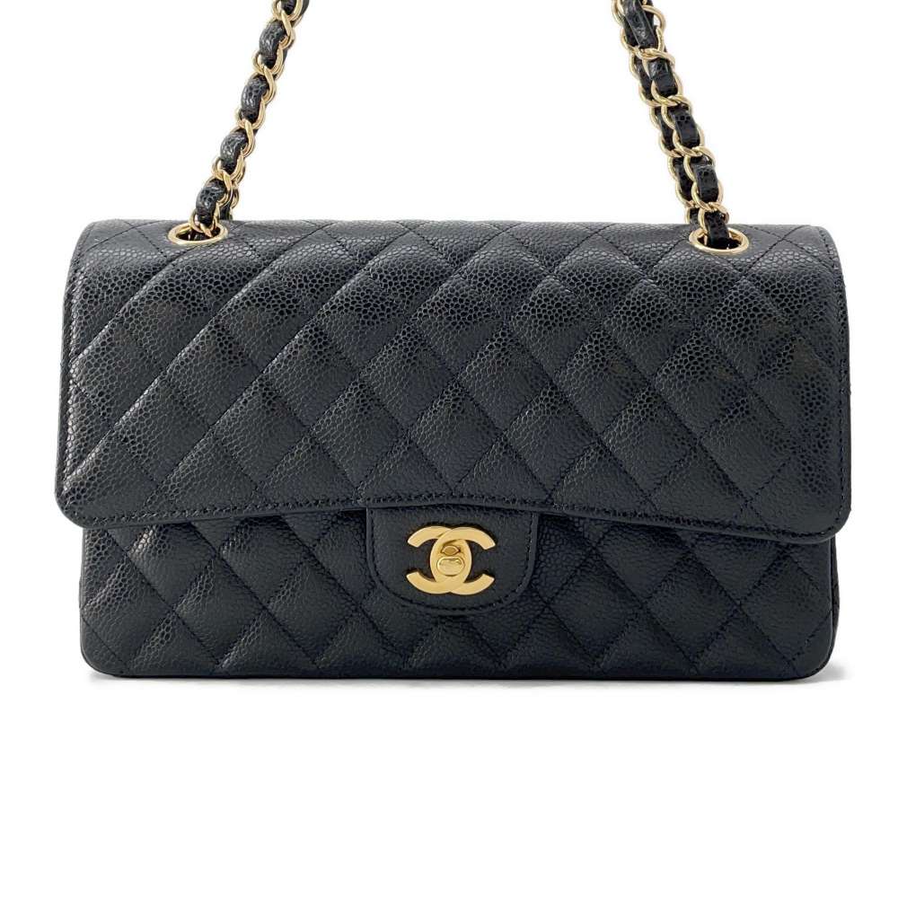 CHANEL Matelasse W Flap ChainShoulder Bag Black A01112 Caviar Leather Size 25