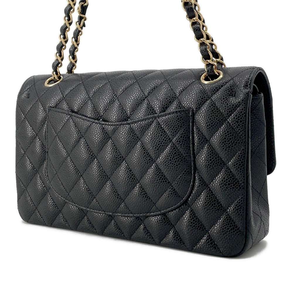 CHANEL Matelasse W Flap ChainShoulder Bag Black A01112 Caviar Leather Size 25