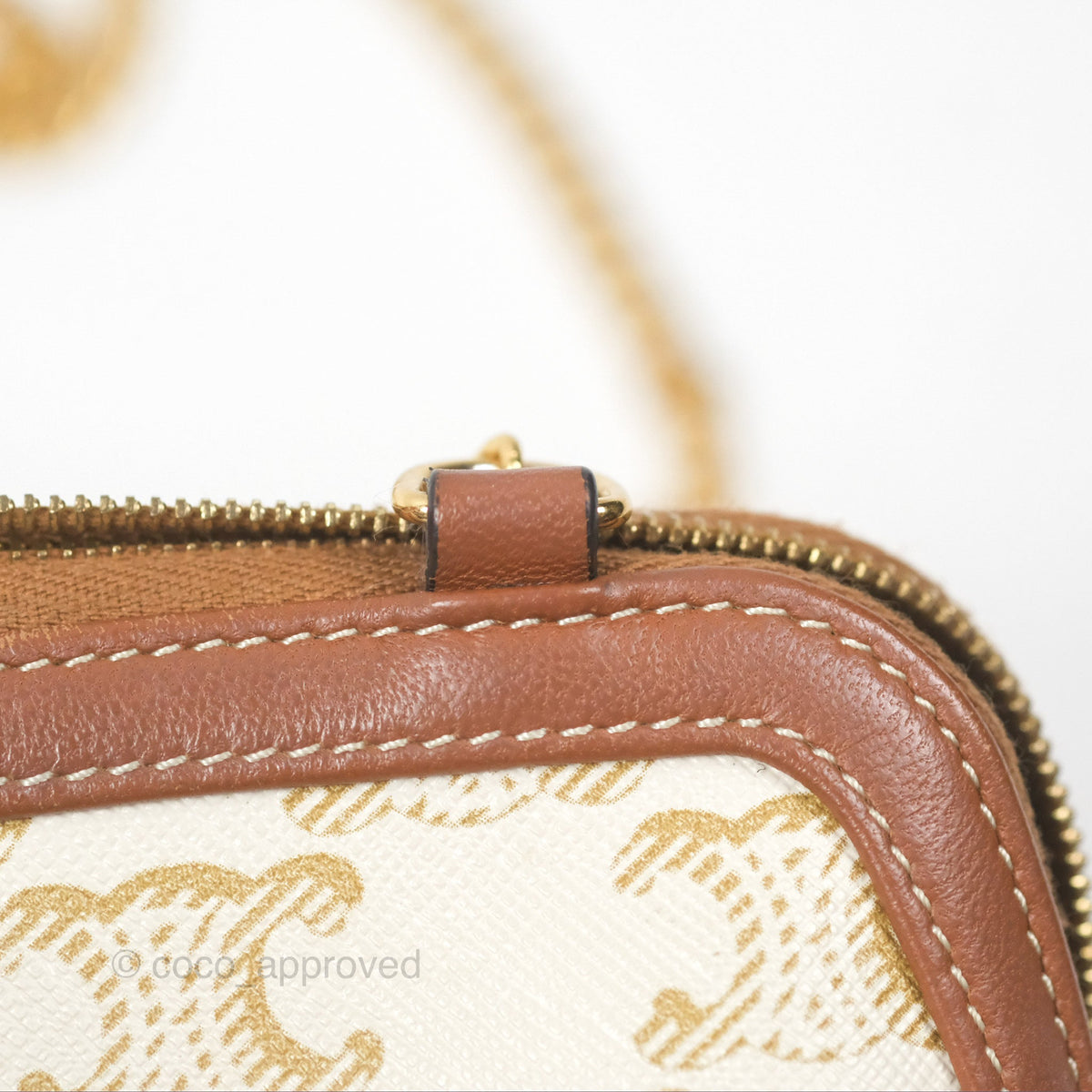 Celine Clutch With Chain Triomphe Canvas Lambskin White/Tan