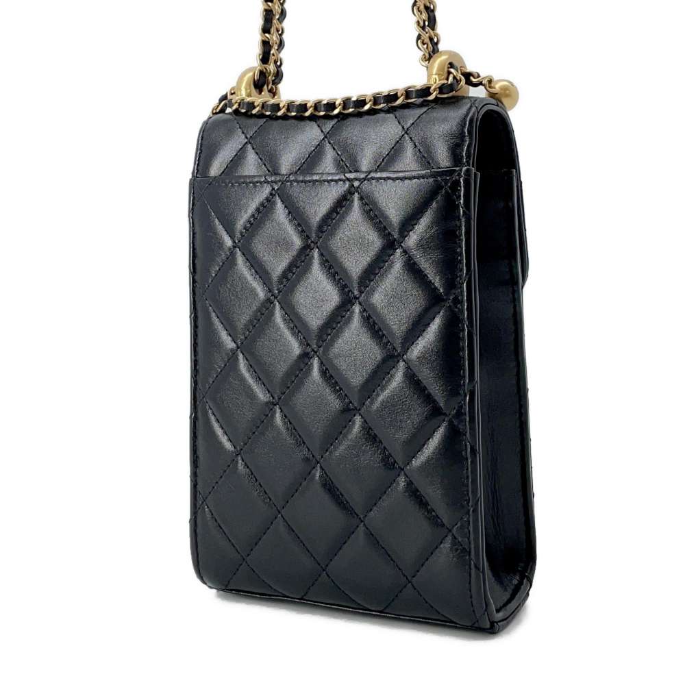 CHANEL Phone Folder Matelasse ChainShoulder Black AP2291 Shiny Calf Leather