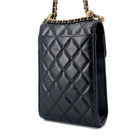 CHANEL Phone Folder Matelasse ChainShoulder Black AP2291 Shiny Calf Leather