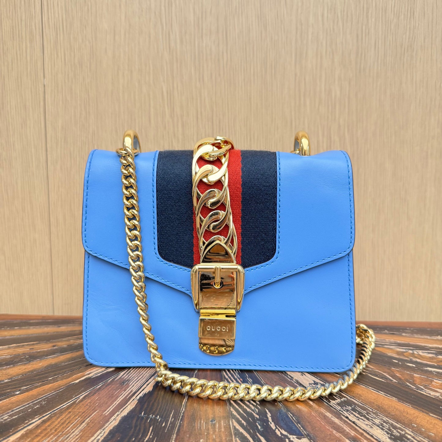 GUCCI Calfskin Mini Sylvie Chain Shoulder Bag Clear Sky Blue