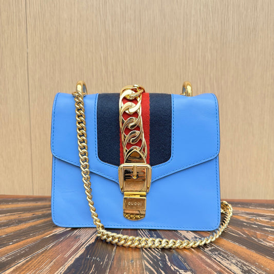GUCCI Calfskin Mini Sylvie Chain Shoulder Bag Clear Sky Blue