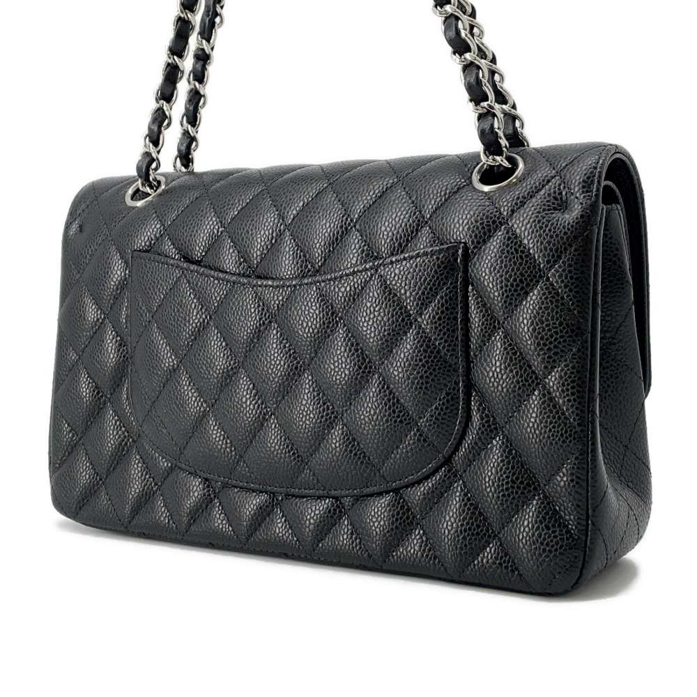 CHANEL Matelasse W Flap ChainShoulder Bag Black A01112 Caviar Leather Size 25