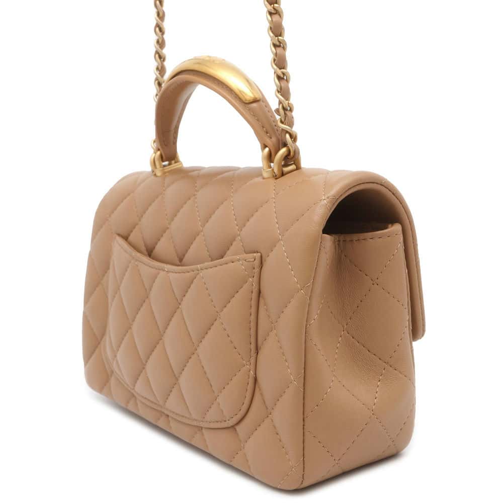 CHANEL Matelasse Top Handle Mini Flap Bag Beige AS2431 Lambskin Size 20