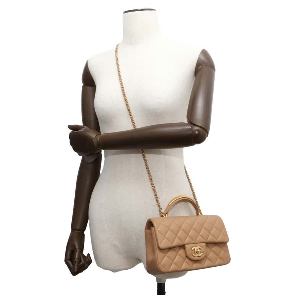 CHANEL Matelasse Top Handle Mini Flap Bag Beige AS2431 Lambskin Size 20