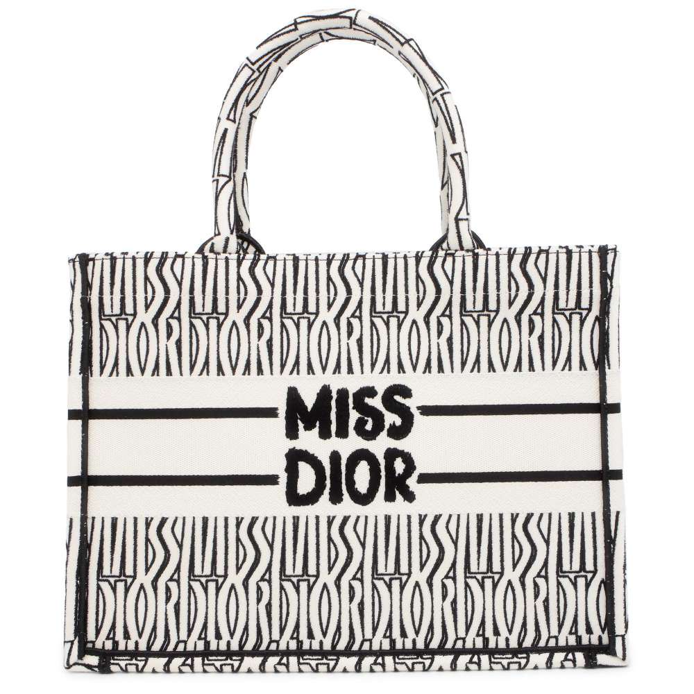 Dior Miss Dior Allover Embroidery Book Tote White/Black M1296ZEZE_M041 Canvas Size Medium