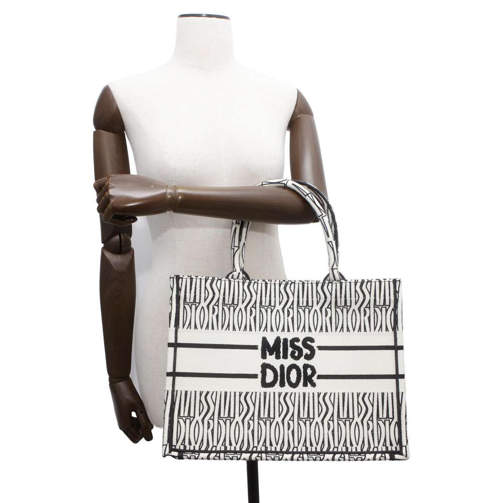 Dior Miss Dior Allover Embroidery Book Tote White/Black M1296ZEZE_M041 Canvas Size Medium