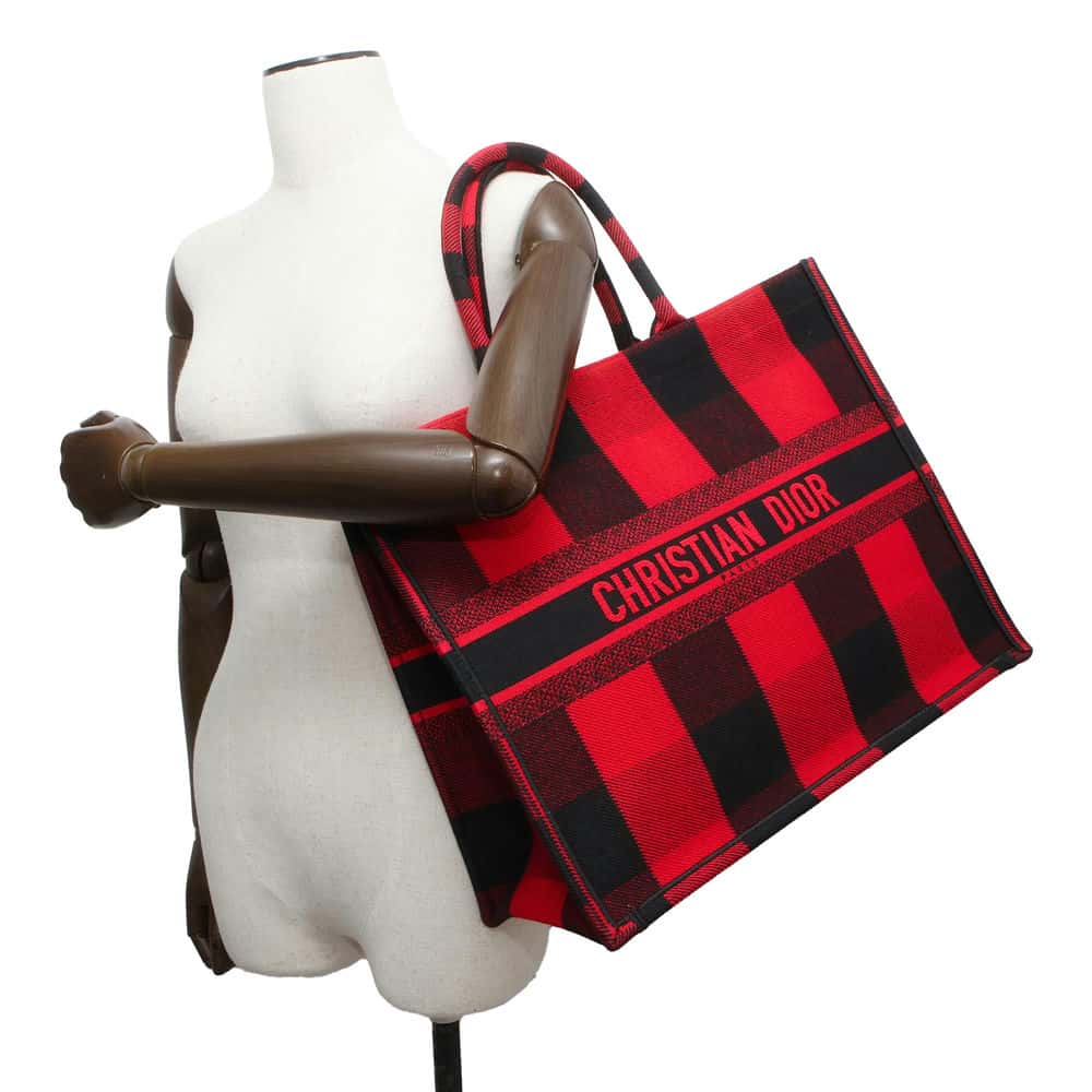 Dior Book Tote Check Pattern Red/Black Canvas Size Large