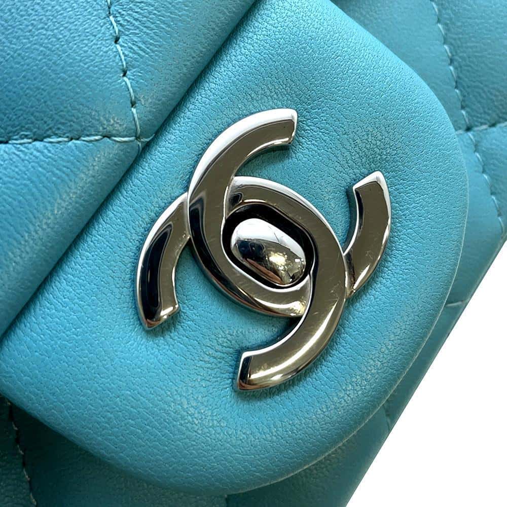 CHANEL Mini Matelasse Flap Bag Light Blue A35200 Lambskin Size 17