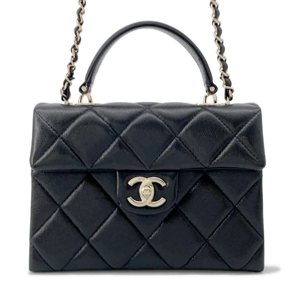 CHANEL Matelasse Top Handle Flap Bag Black AS4711 Caviar Leather Size Mini