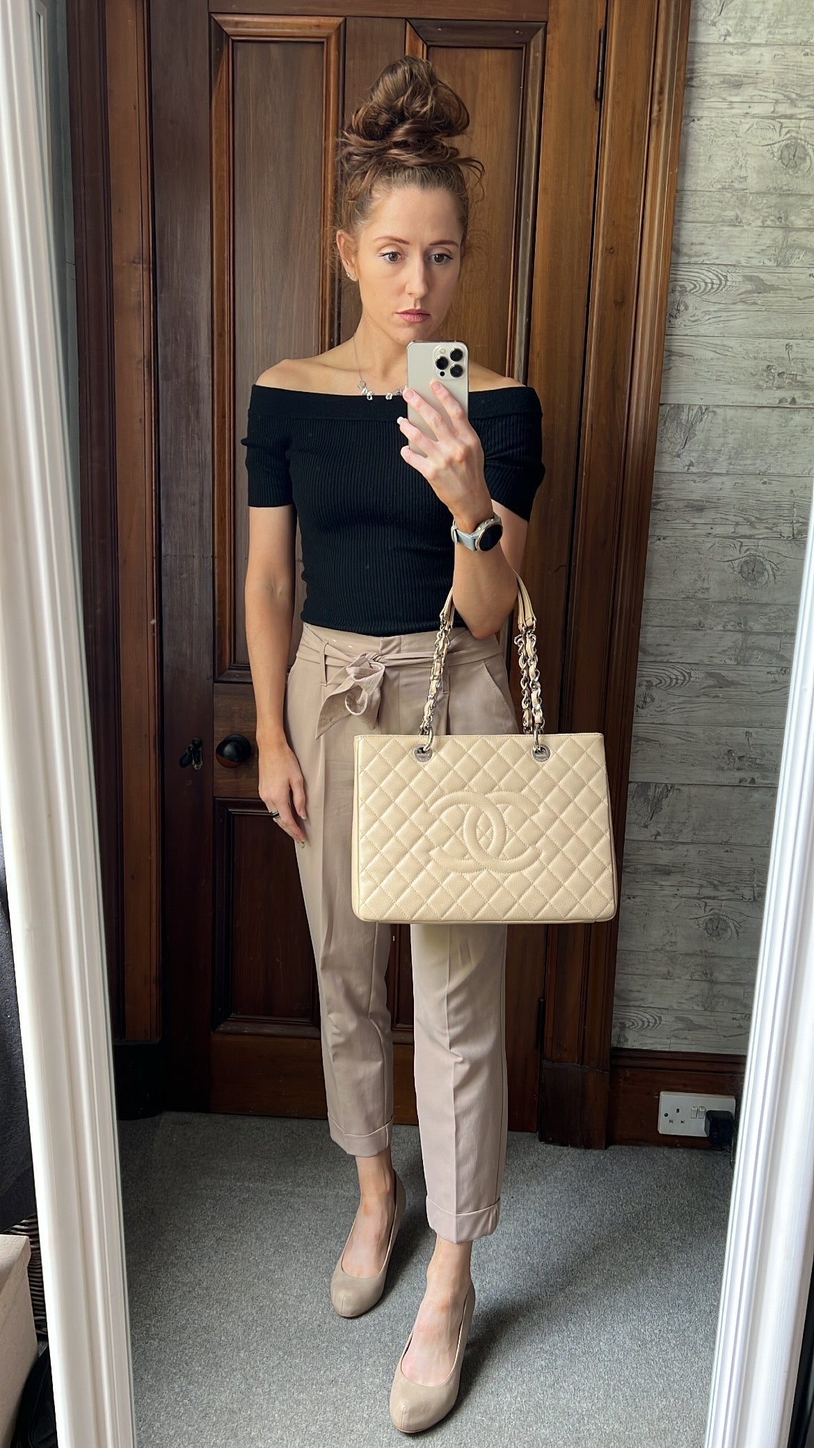 Chanel Light Beige Caviar Grand Shopper Tote with silver hardware