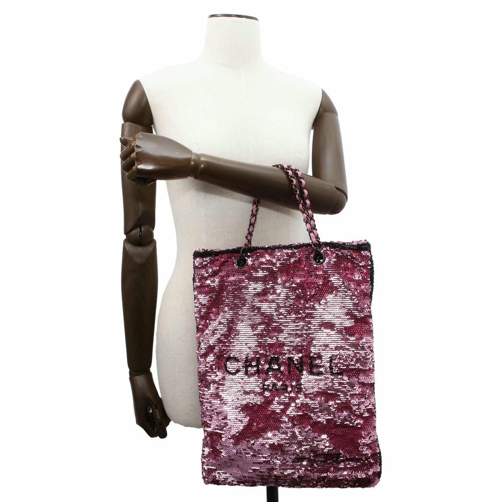 CHANEL Sequins Shopping Tote Bag Pink/Black AS4856 Sequins Leather