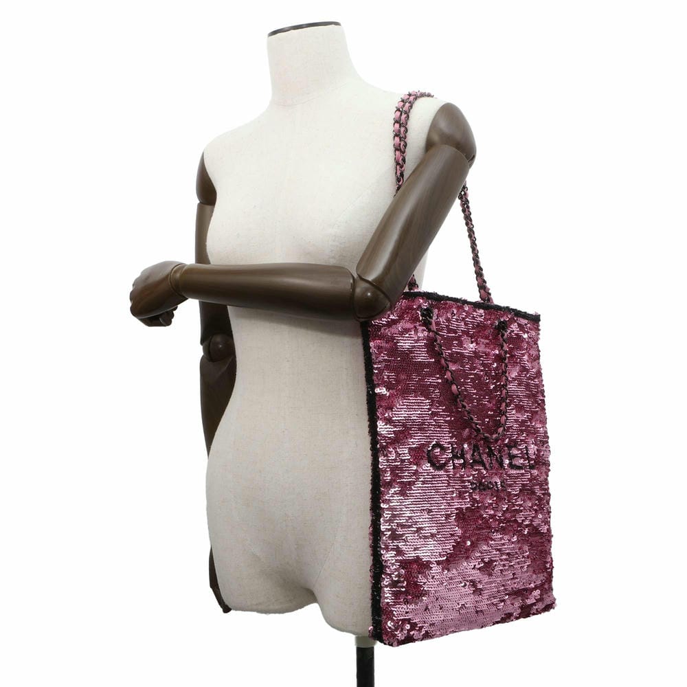 CHANEL Sequins Shopping Tote Bag Pink/Black AS4856 Sequins Leather