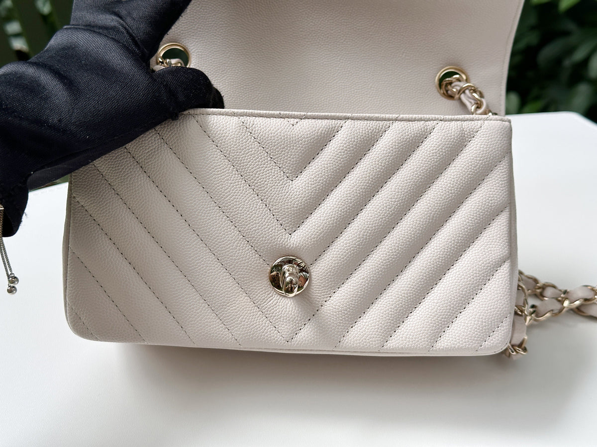 Chanel Mini Rectangle Chevron Blush Hue Light Beige Flap Bag LGHW 2644 holo card
