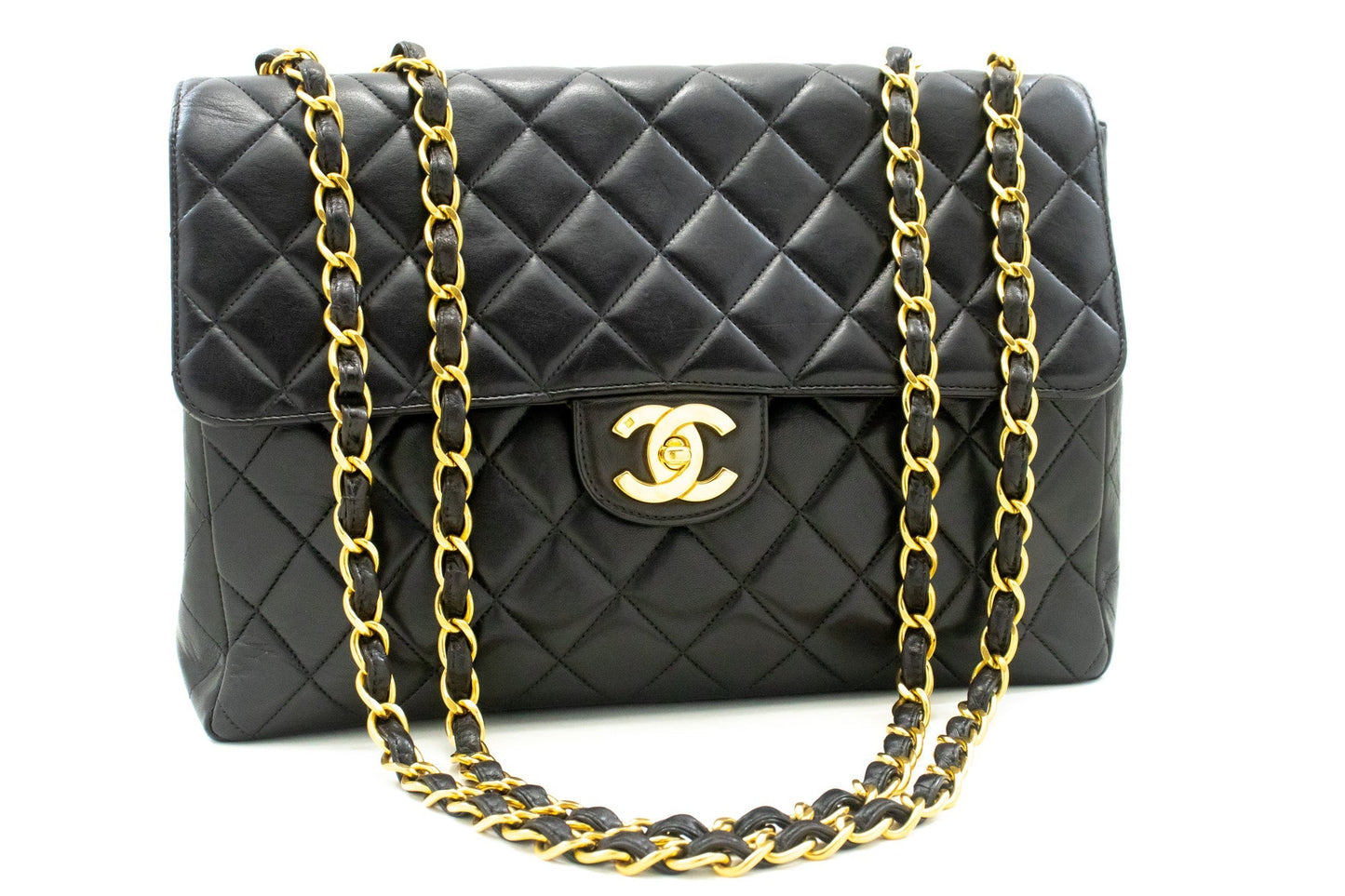 CHANEL Classic Large 11" Chain Shoulder Bag Flap Black Lambskin
