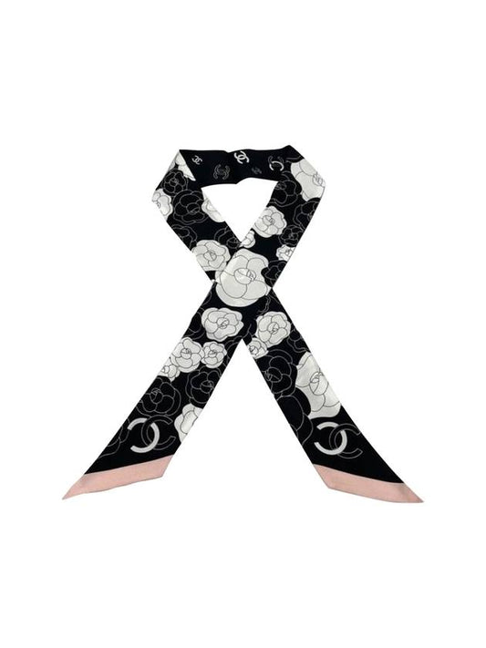 Camellia Twilly Silk Muffler Black Pink Chanel