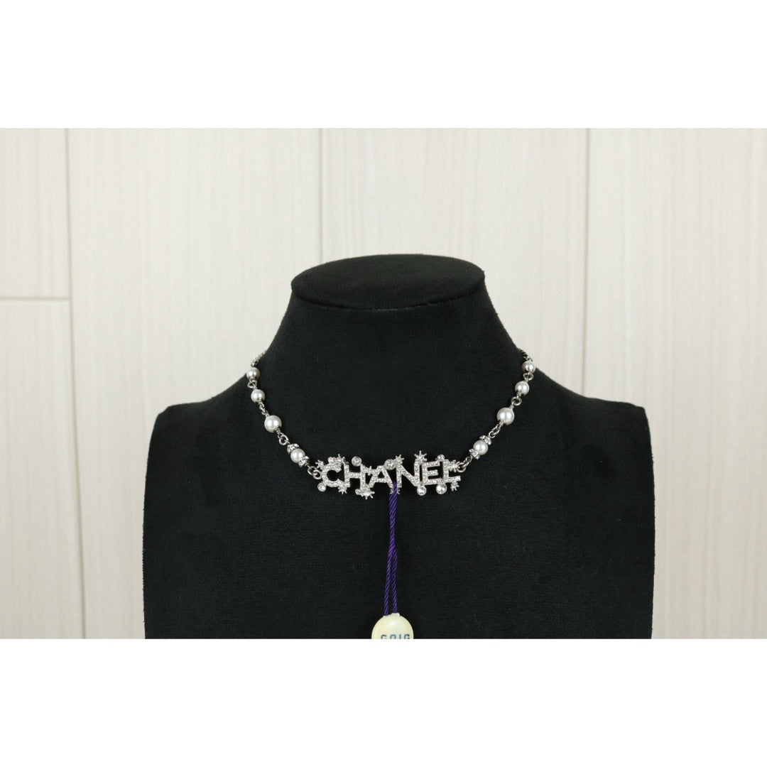 Excellent（Rank SA）｜ CHANEL Coco Mark Chain Pearl Rhinestone Chocker Necklace Silver｜F25032507