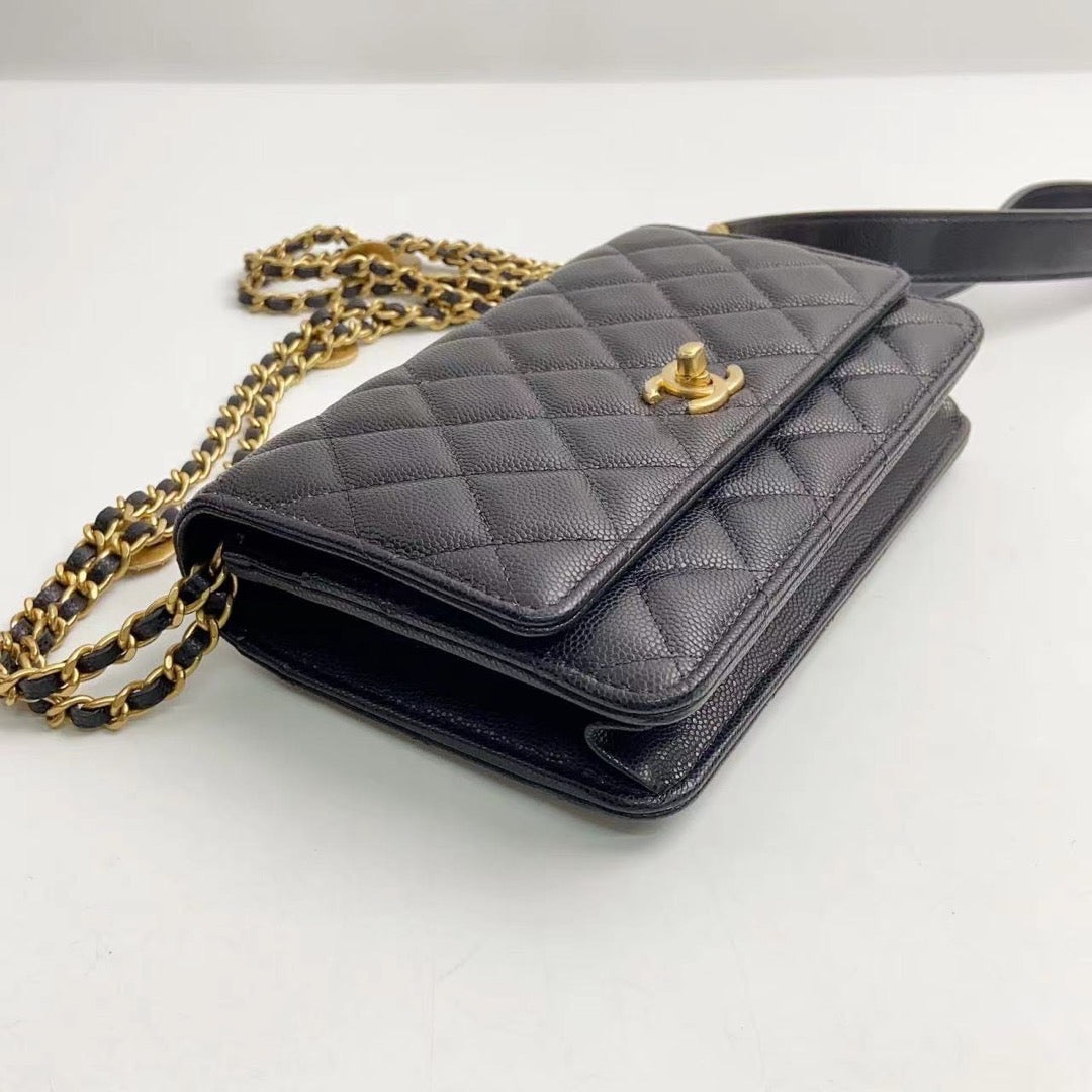 Rank A｜ CHANEL Matelasse Caviar Skin COCO Mark Coins Chain Wallet Black Gold Hardware ｜2302239