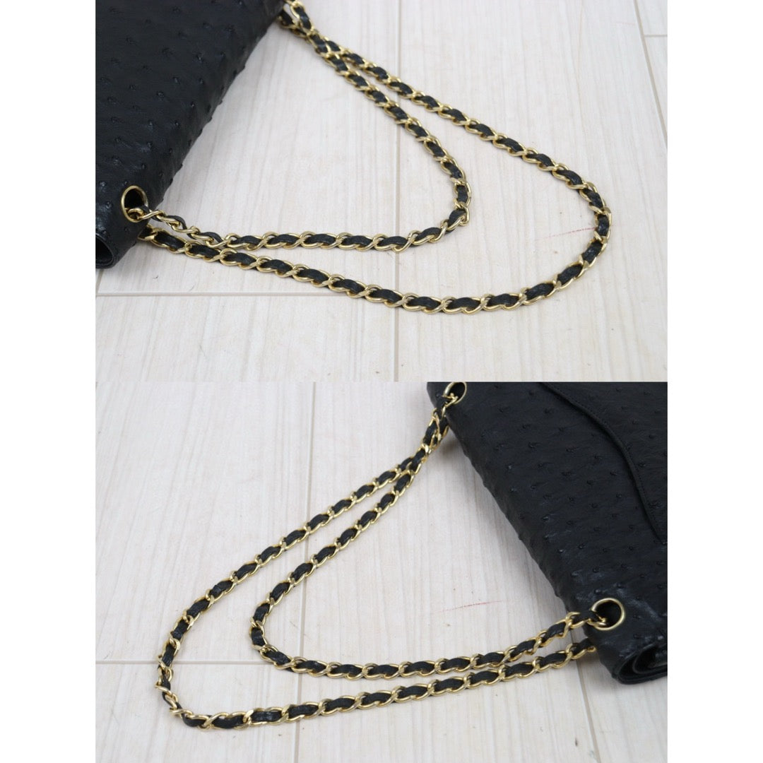 Good ( Rank AB)｜ CHANEL Ostrich Skin Double Flap 25 Chain Shoulder Bag Black Made In 1986 - 1988 Year｜25030704