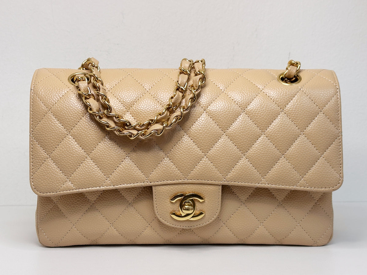 Chanel Medium Caviar Classic Double Flap Bag Beige 2552 holo card