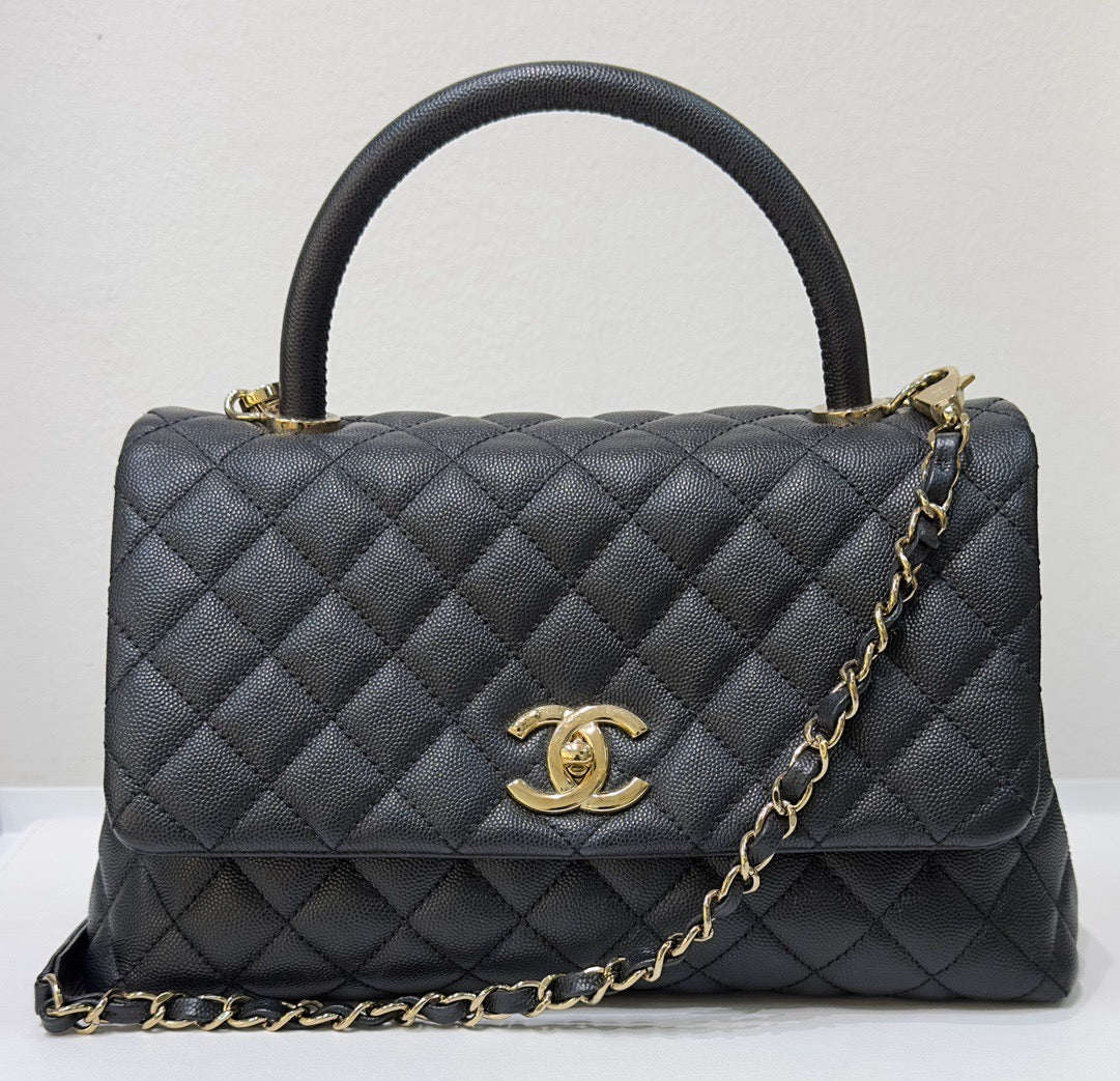 Chanel Medium Caviar Quilted Coco Handle Flap Black GHW 30 holo card