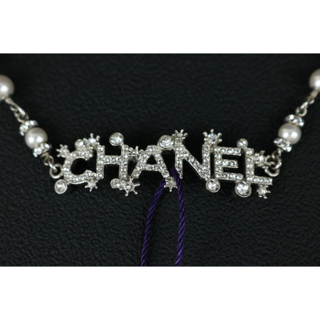 Excellent（Rank SA）｜ CHANEL Coco Mark Chain Pearl Rhinestone Chocker Necklace Silver｜F25032507