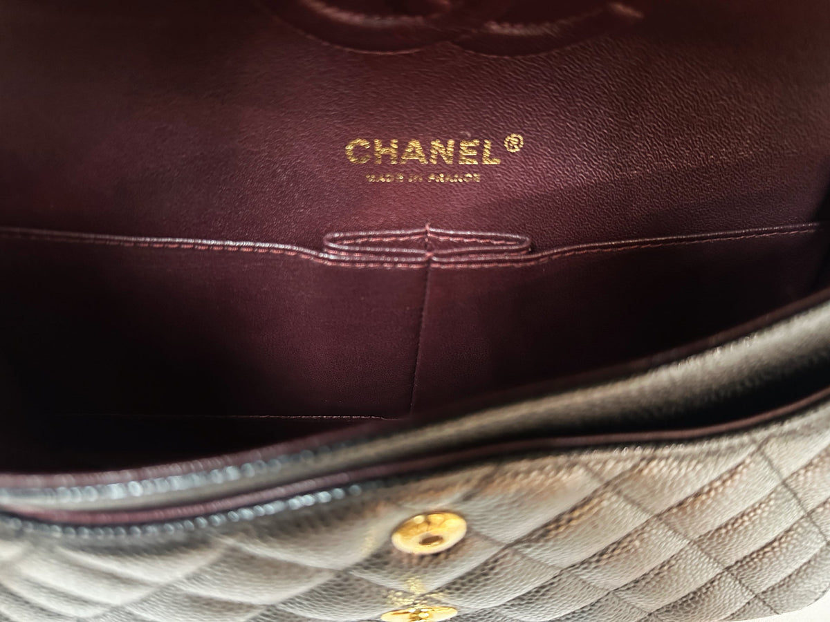 Chanel Medium Size Classic Quilted Caviar Double Flap Bag Black 3022 holo card