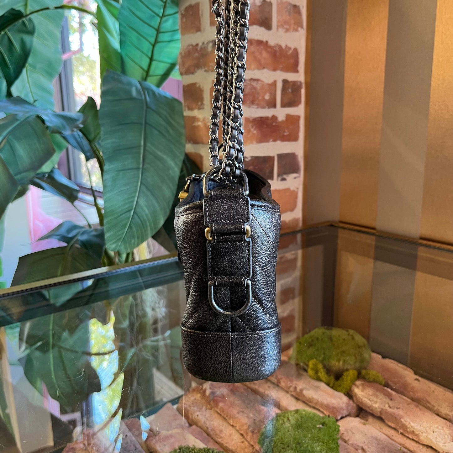 CHANEL Gabrielle Small Metallic Grey Chevron Caviar Leather Shoulder Bag